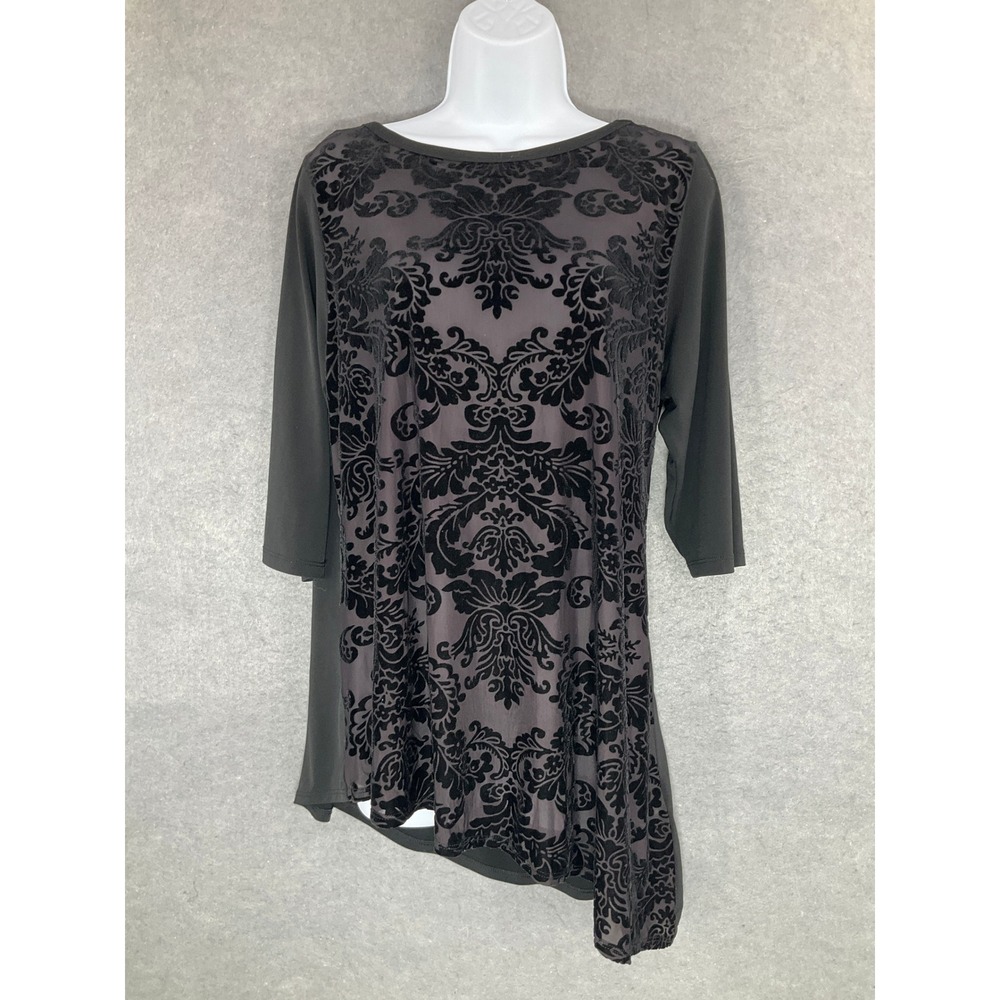 Karen Kane Velvet Damask Tunic‎ Top Asymmetrical Hem 3/4 Sleeve Sz L Whimsigoth